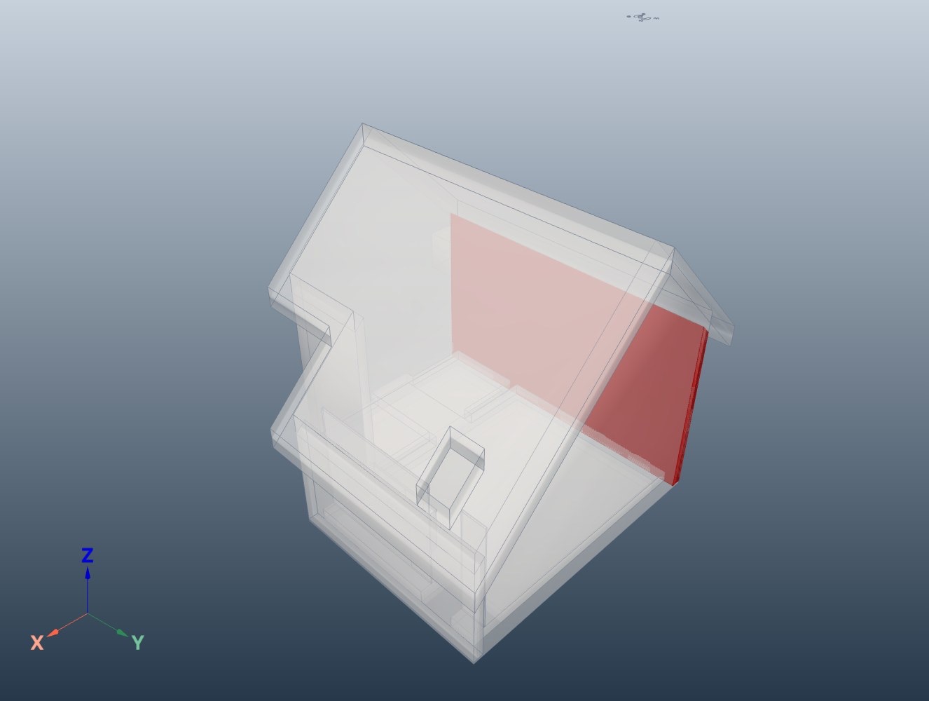 3D-Ansicht in BIM SURE mit einem ausgewählten, rot markierten Bauteil