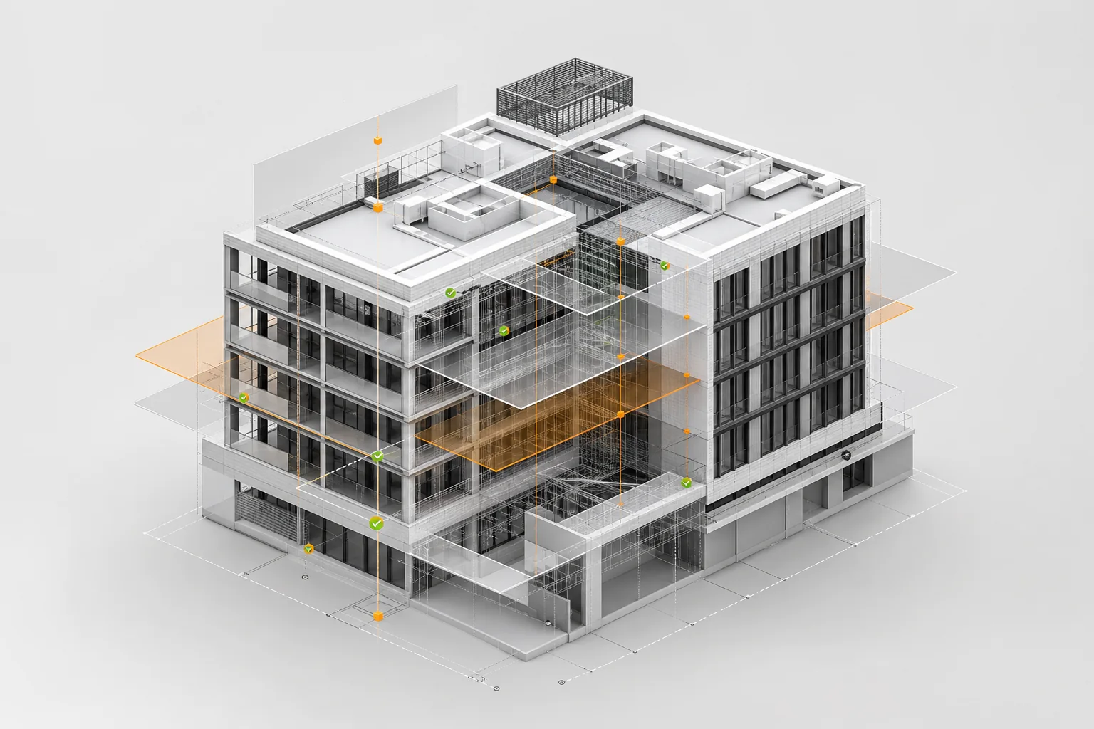 Digitales IFC-Gebäudemodell mit hervorgehobenen Prüfpunkten